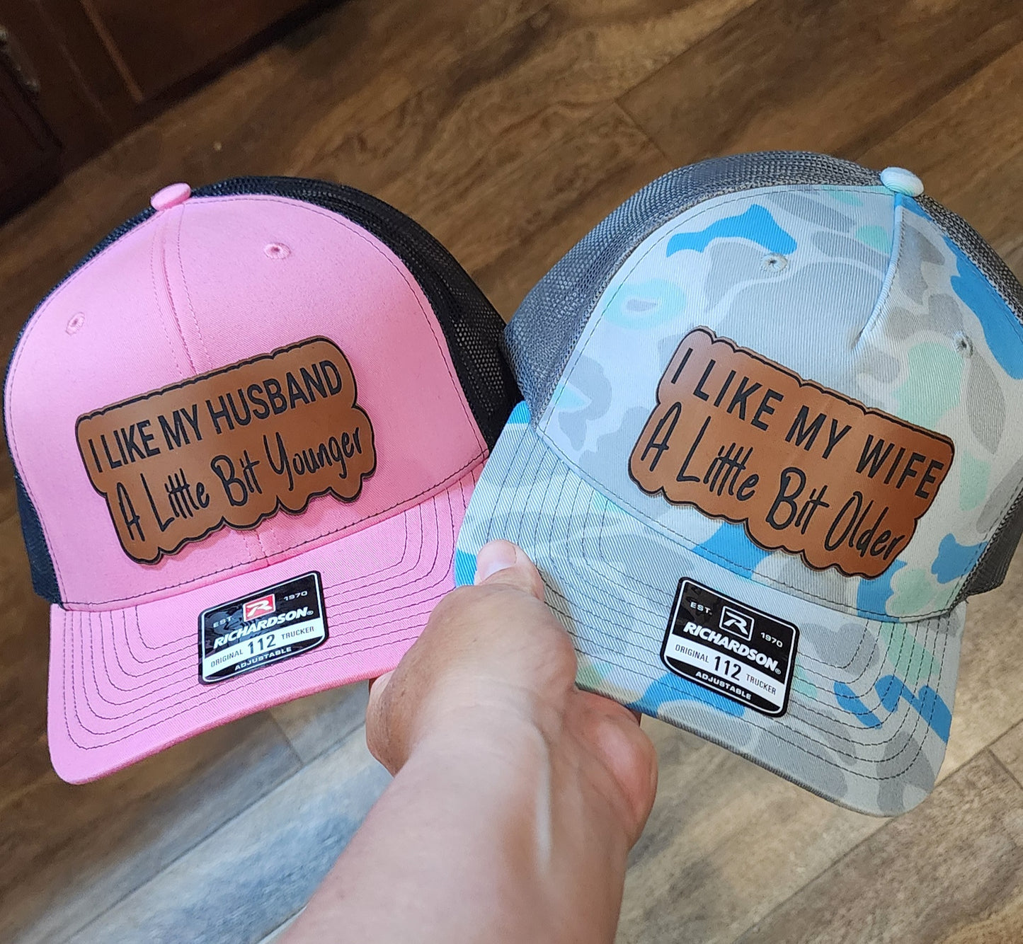 Couple hats " I like my husband a little bit younger " & " I like my wife a little bit older "