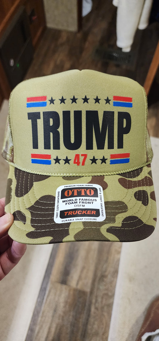 Trump 47 hat on a light green camo Otto hat