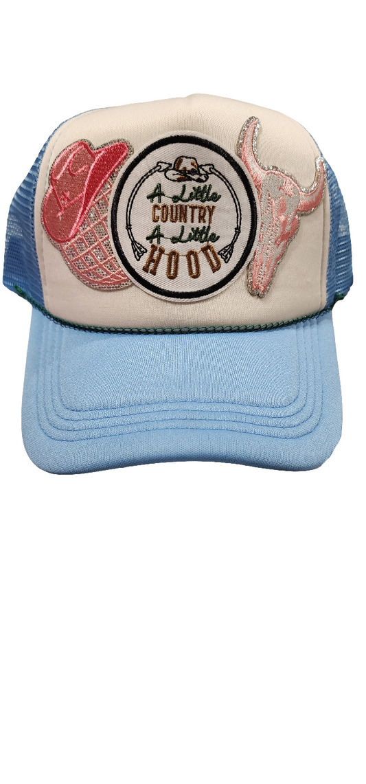 Light blue trucker hat " A little country and a little hood"